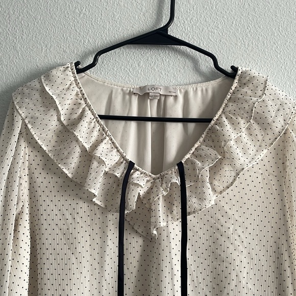 Loft Ivory Black Polka Dot Blouse Large Petite - Picture 5 of 11